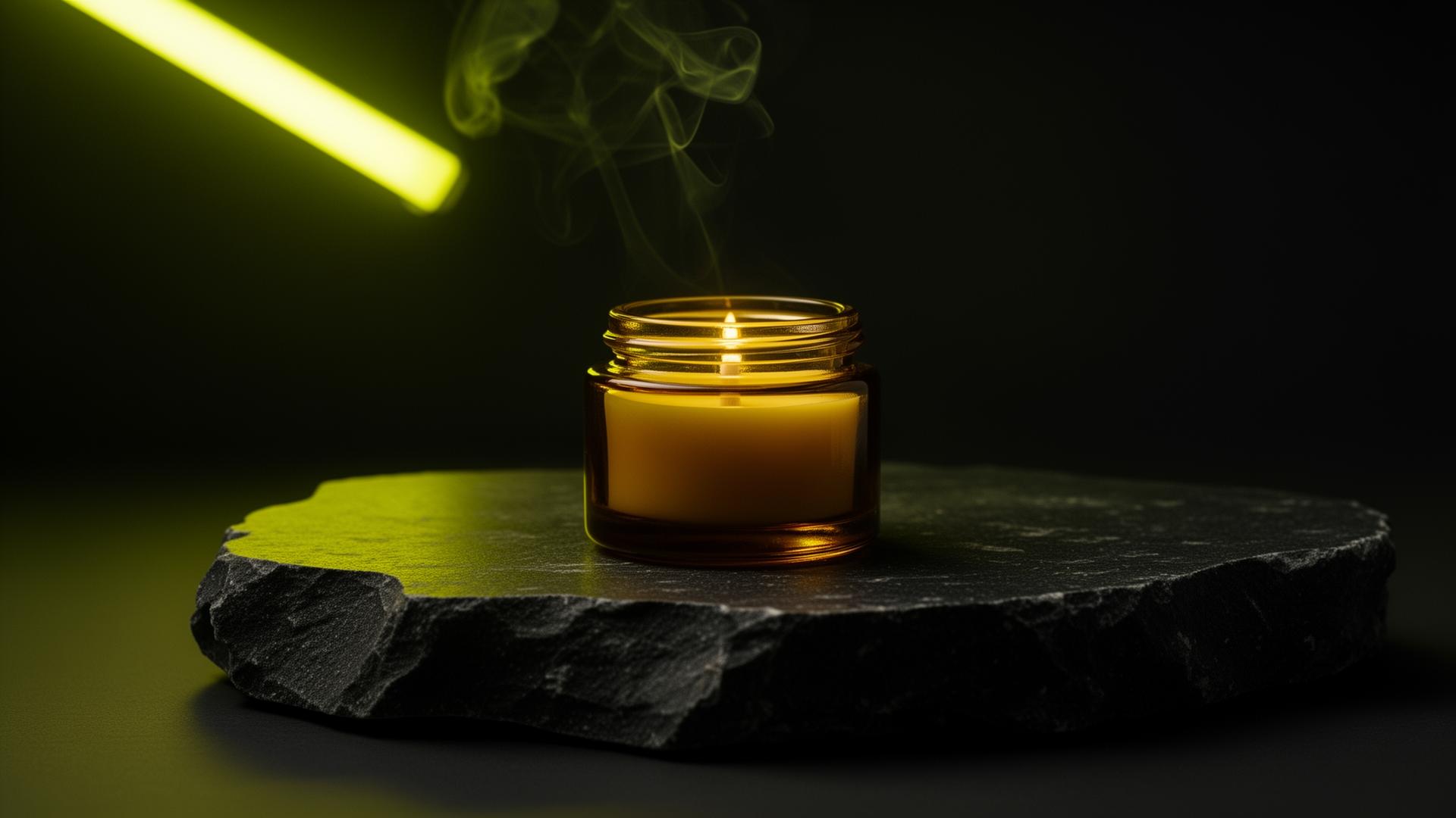 A glowing amber wax melt on slate, lit by lime neon